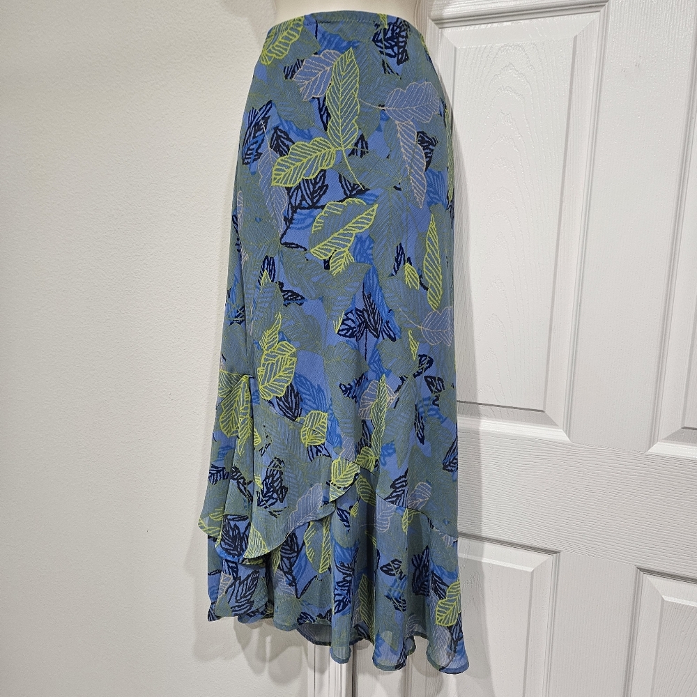JohnPaulRichard Asymmetrical Skirt with Blue and Green Leaf Design
